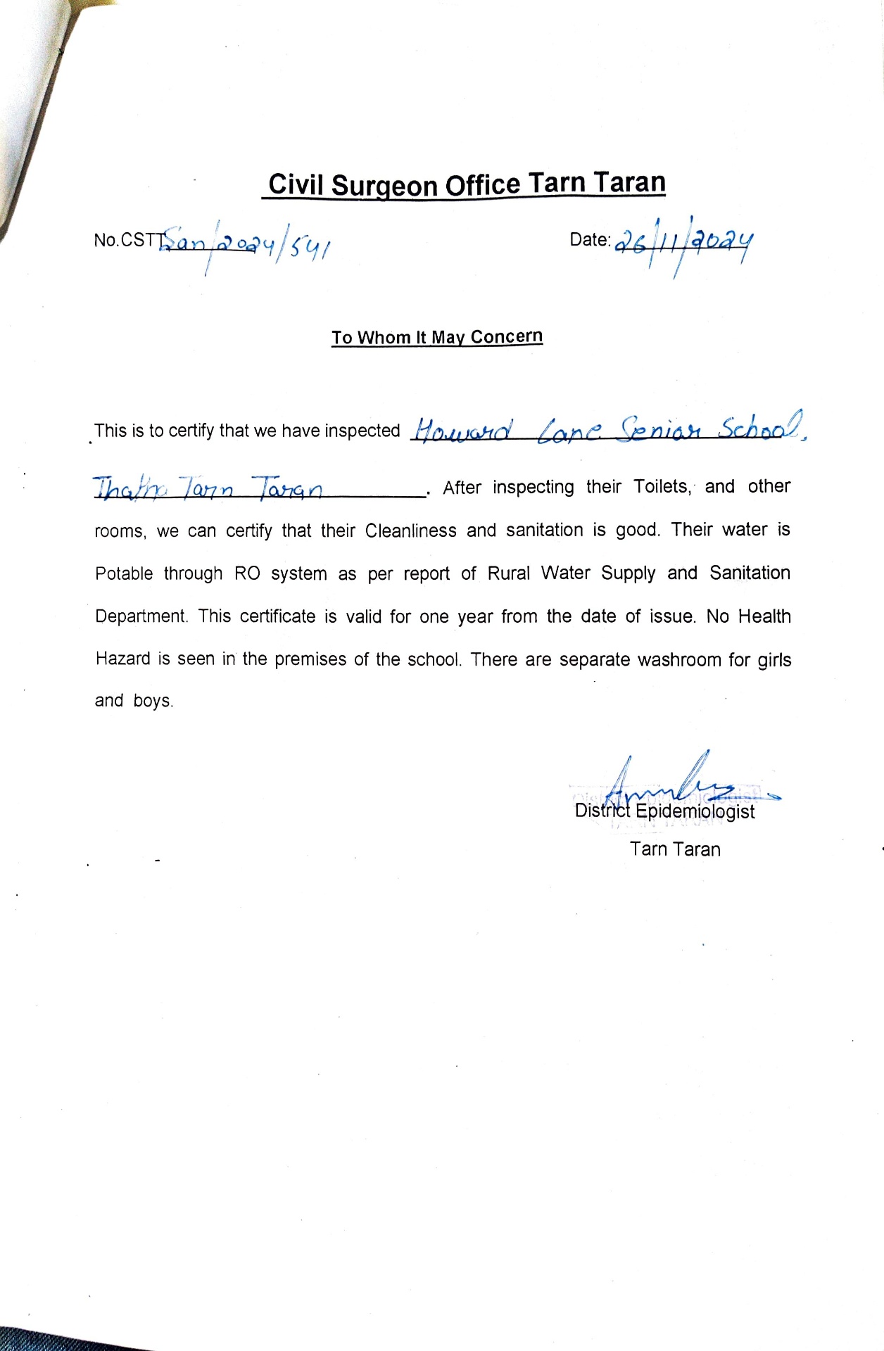 Health and Sanitation Certificate